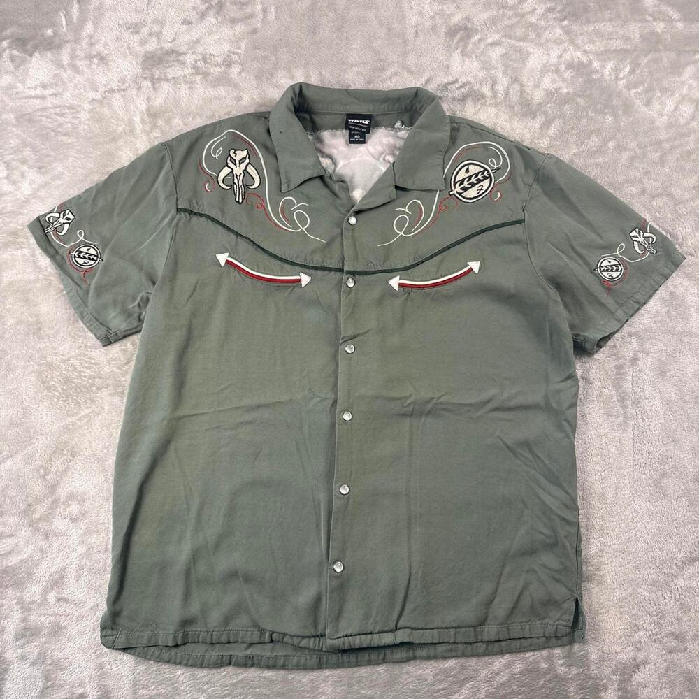 Box Lunch X StarWars Boba Fett Icons Embroidered SageGreen Pearl Snap Shirt Sz M